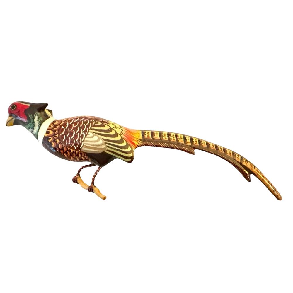 Vintage Takahashi Style Wood Hand Painted Ring Neck Pheasant Brooch